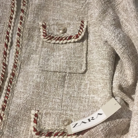 Zara texture jacket/blazer beige cream  with contrast piping pockets & buttons - Picture 6 of 11